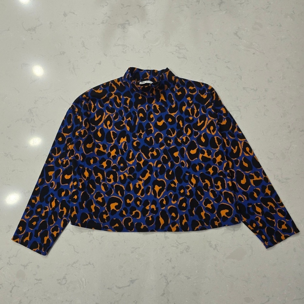 Zara Blue Orange Leopard Print Cropped Knit Sweater M Mob Wife Y2K